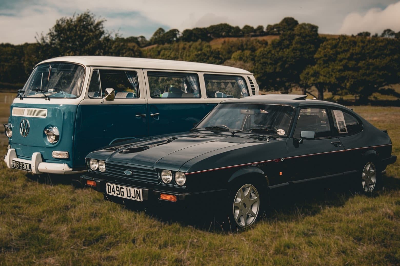 Classic cars parked together in an open field
