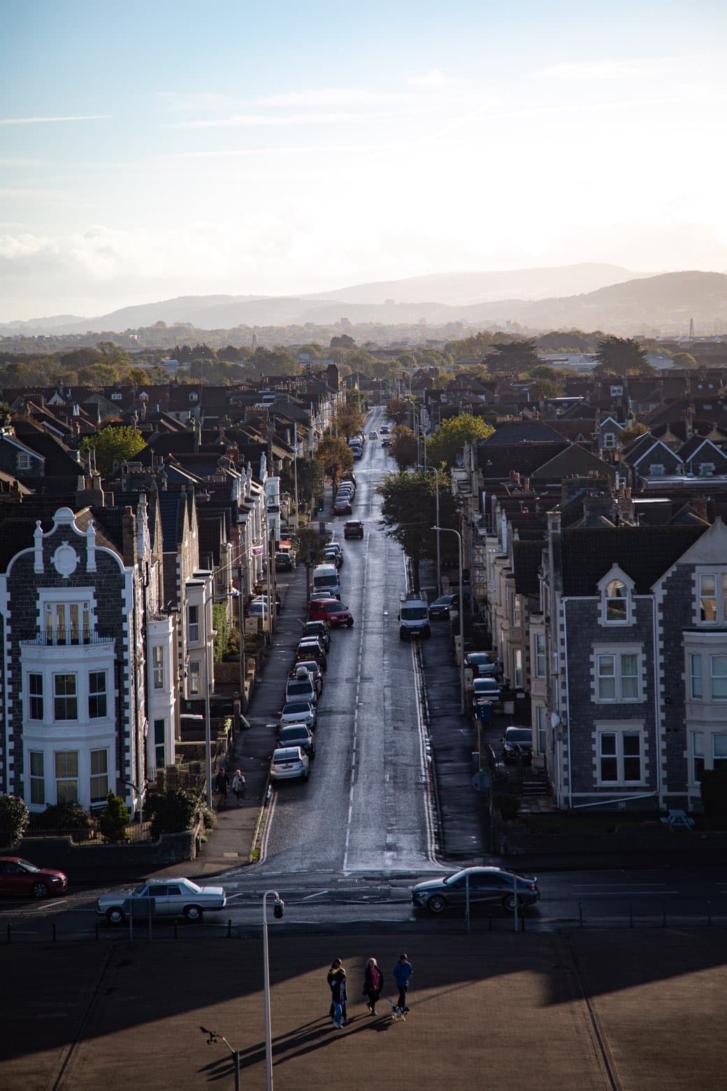 Elevated city street view in soft evening light